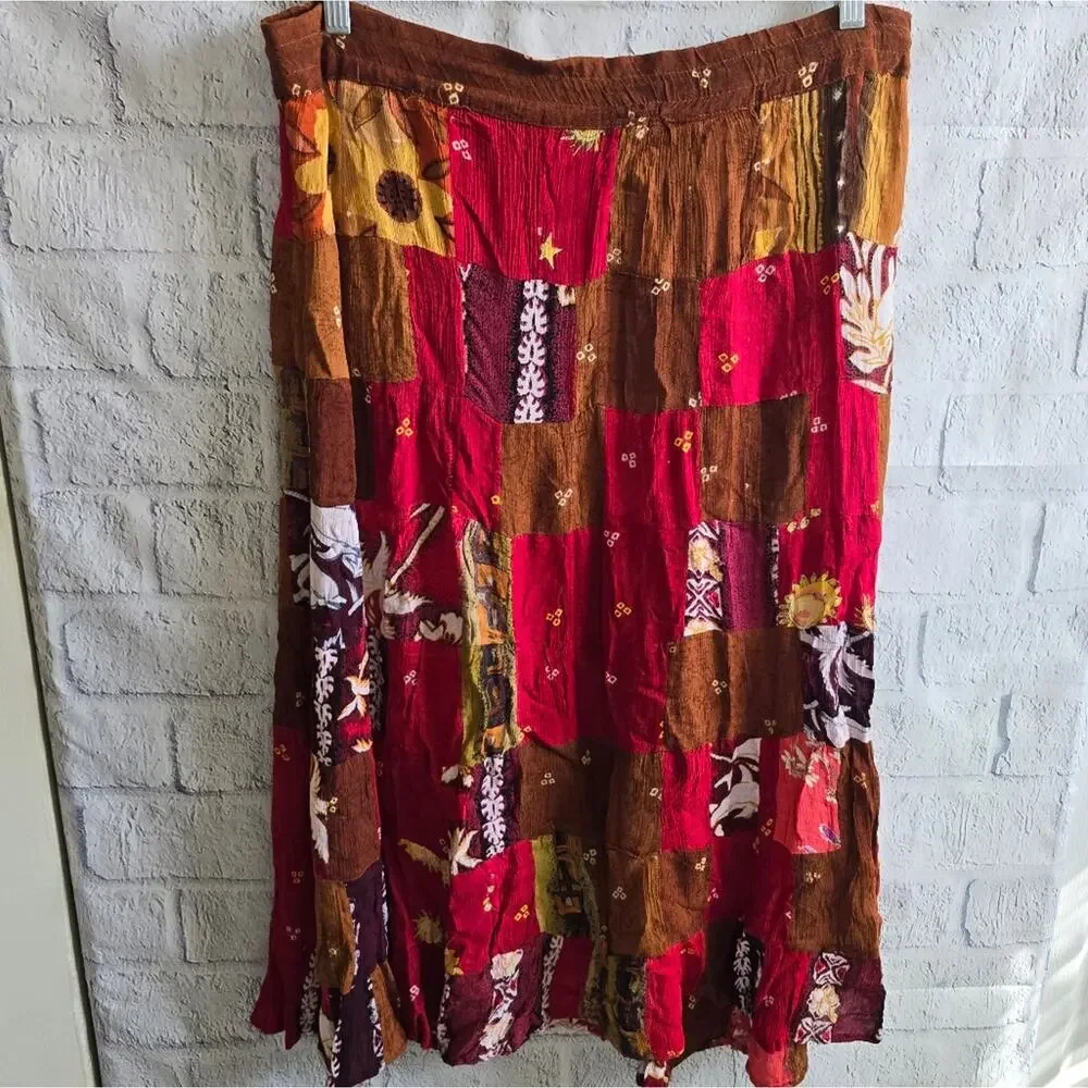 Boho Chic Patchwork Cottage Style Brown And Pink Maxi Skirt - Picture 3 of 12